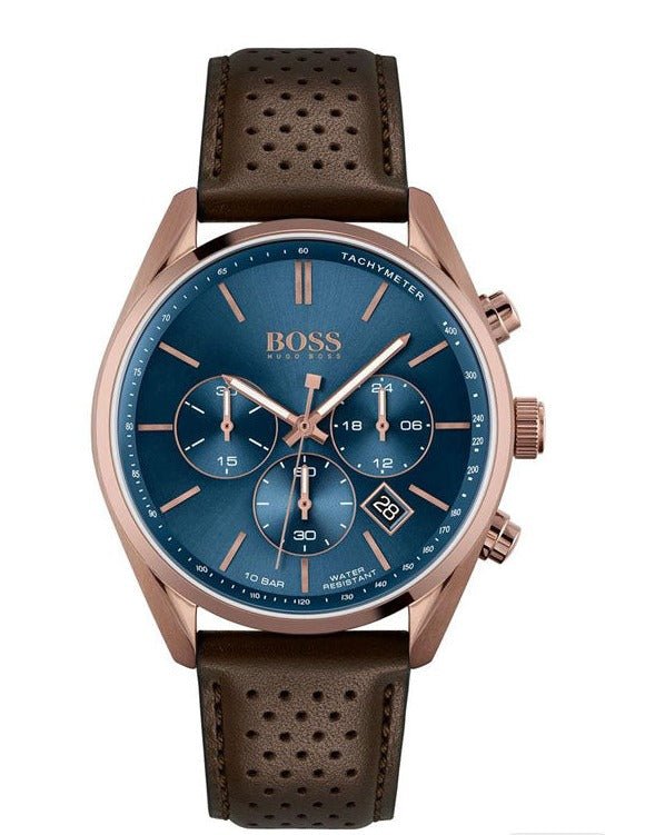 Hugo Boss Champion Chronograph Blue Dial Brown Leather Strap Watch for Men - 1513817