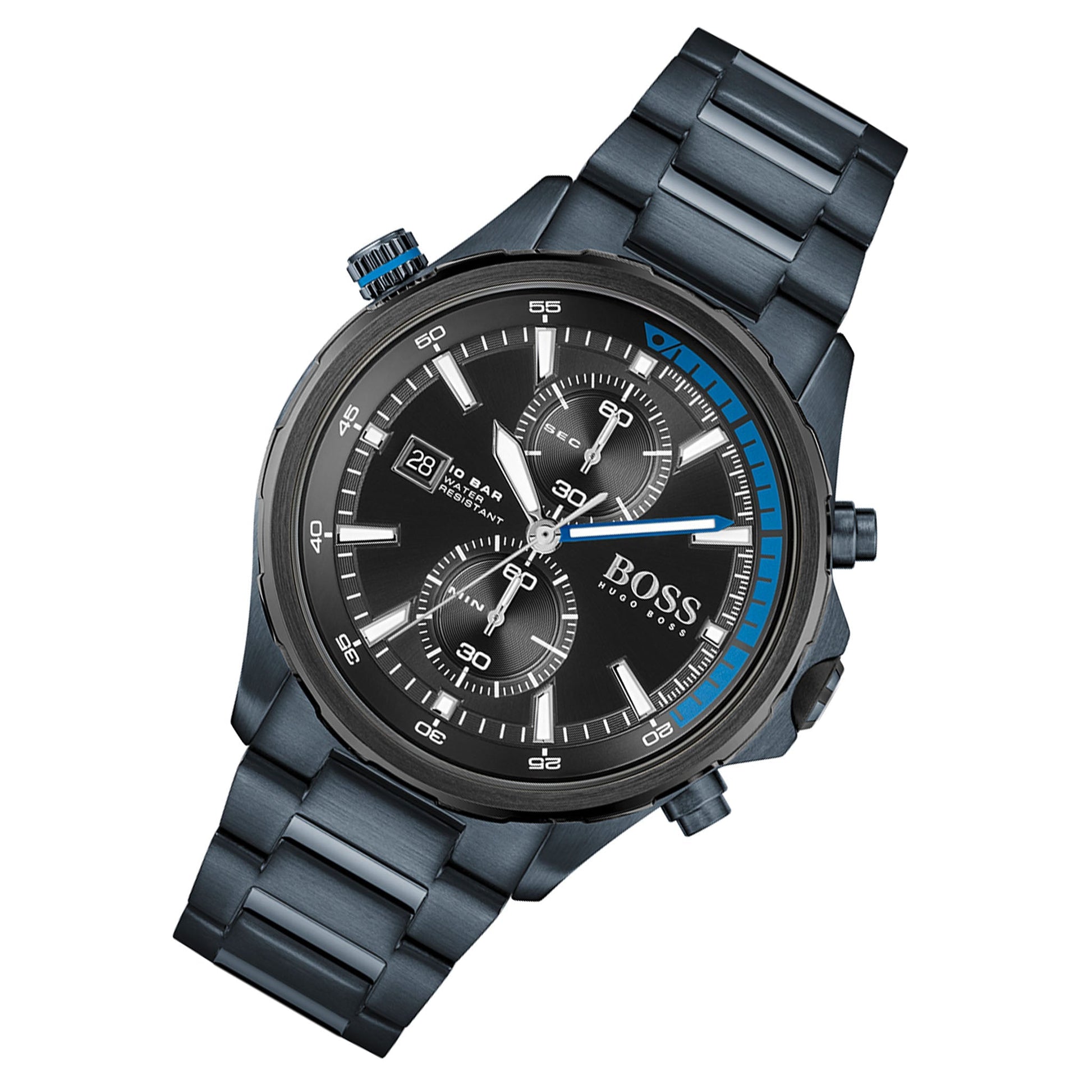 Hugo Boss Globetrotter Chronograph Black Dial Blue Steel Strap Watch for Men - 1513824