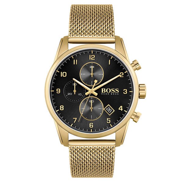 Hugo Boss Skymaster Chronograph Black Dial Gold Mesh Bracelet Watch for Men - 1513838