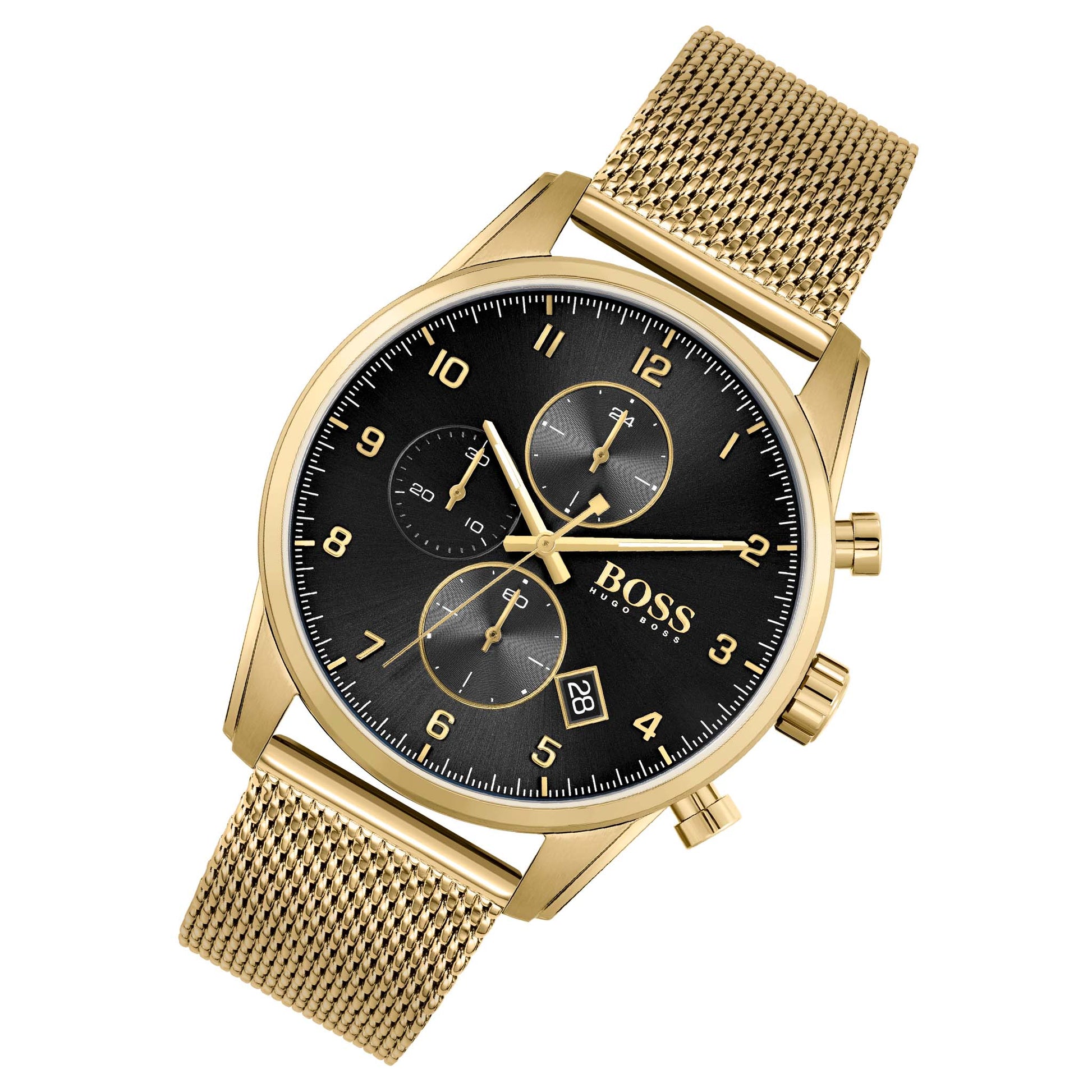 Hugo Boss Skymaster Chronograph Black Dial Gold Mesh Bracelet Watch for Men - 1513838