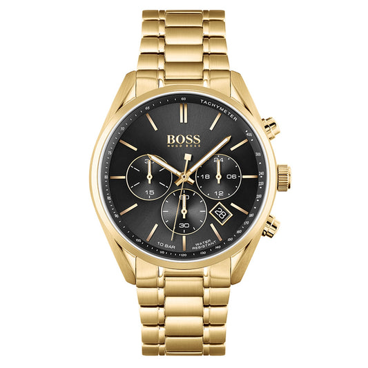 Hugo Boss Champion Black Dial Gold Steel Strap Watch for Men - 1513848