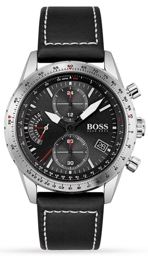 Hugo Boss Pilot Edition Chronograph Black Dial Black Leather Strap Watch for Men - 1513853