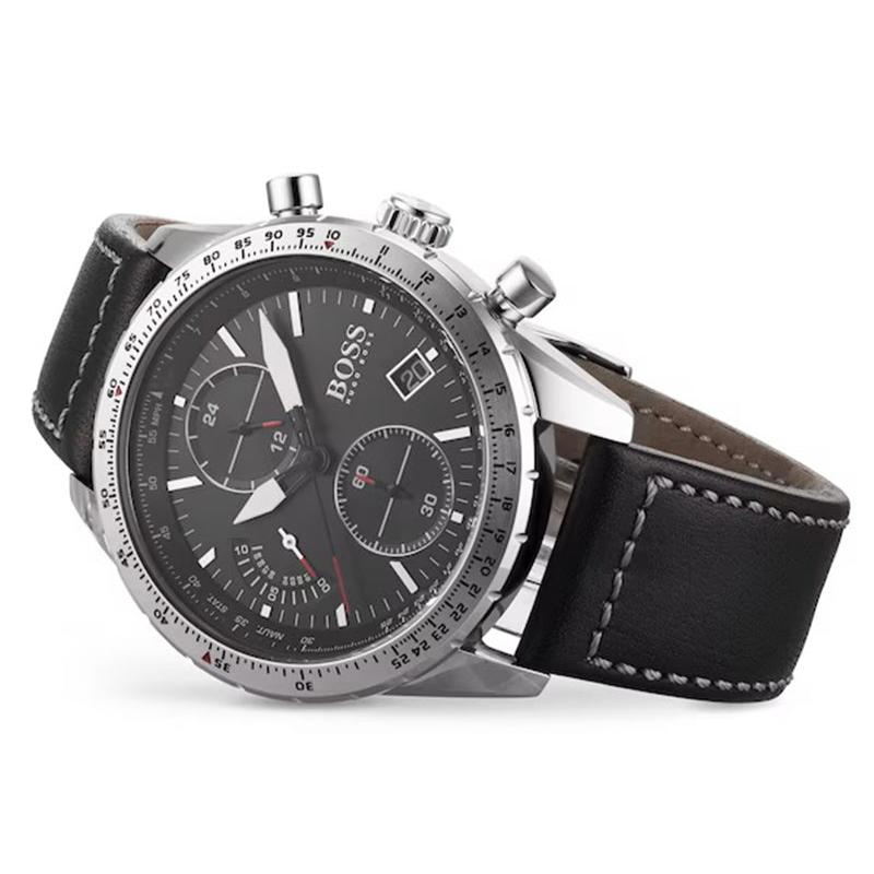 Hugo Boss Pilot Edition Chronograph Black Dial Black Leather Strap Watch for Men - 1513853