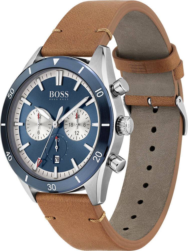 Hugo Boss Santiago Chronograph Blue Dial Brown Leather Strap Watch for Men - 1513860