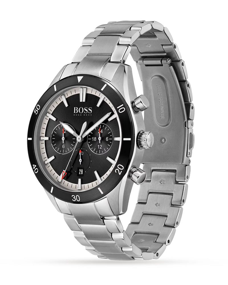 Hugo Boss Santiago Chronograph Black Dial Silver Steel Strap Watch for Men - 1513862