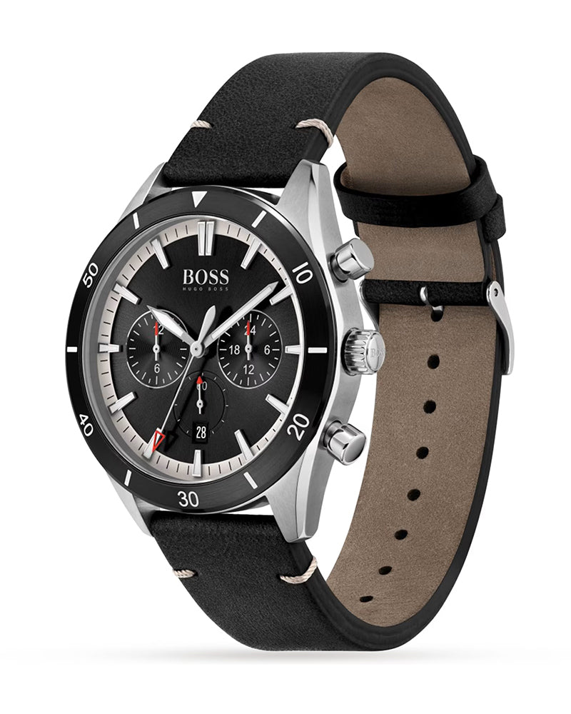 Hugo Boss Chronograph Black Dial Black Leather Strap Watch for Men - 1513864