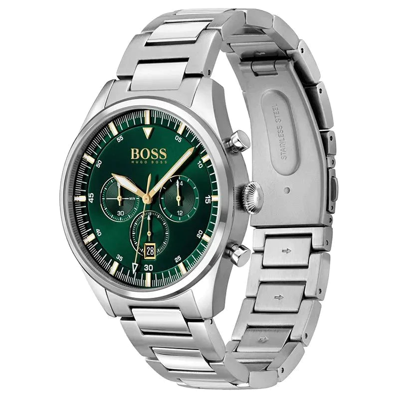 Hugo Boss Pioneer Chronograph Green Dial Silver Steel Strap Watch for Men - 1513868