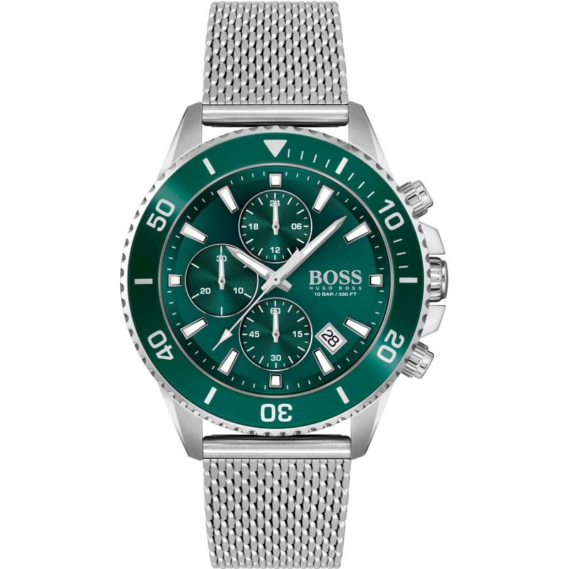 Hugo Boss Admiral Chronograph Green Dial Silver Mesh Bracelet Watch for Men - 1513905