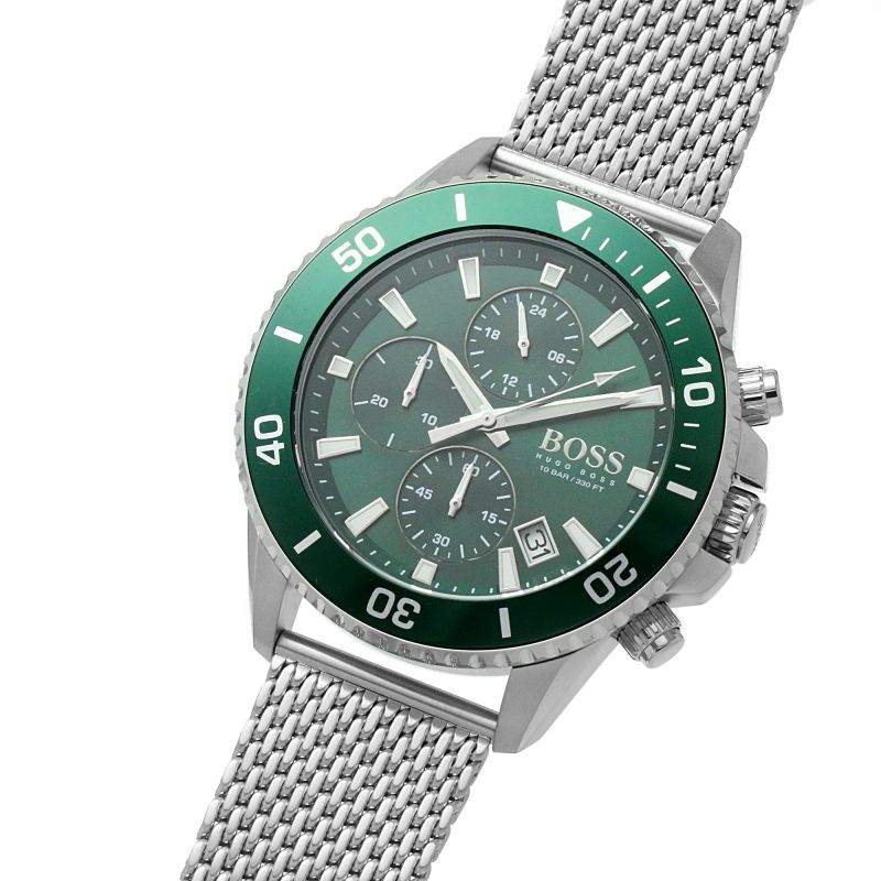 Hugo Boss Admiral Chronograph Green Dial Silver Mesh Bracelet Watch for Men - 1513905