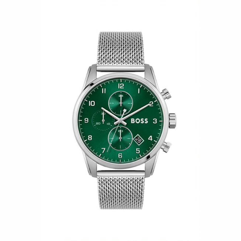 Hugo Boss Skymaster Green Dial Silver Mesh Bracelet Watch for Men - 1513938