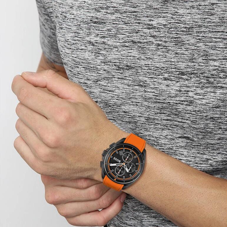 Hugo Boss Volane Chronograph Black Dial Orange Silicone Strap Watch for Men - 1513957