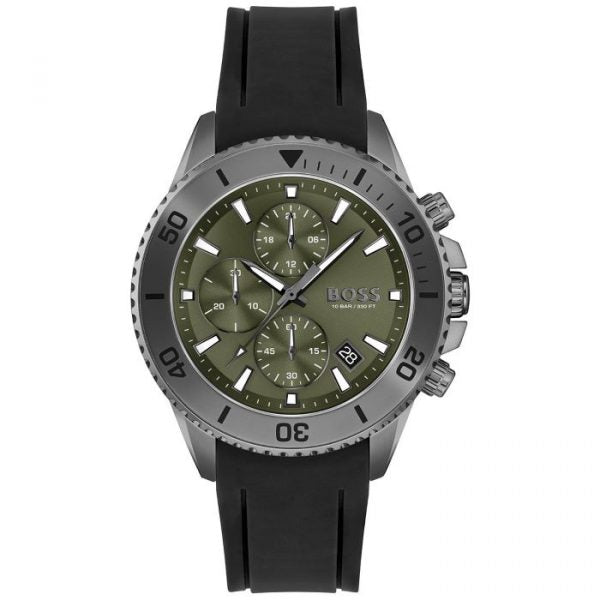 Hugo Boss Admiral Chronograph Green Dial Black Rubber Strap Watch for Men - 1513967