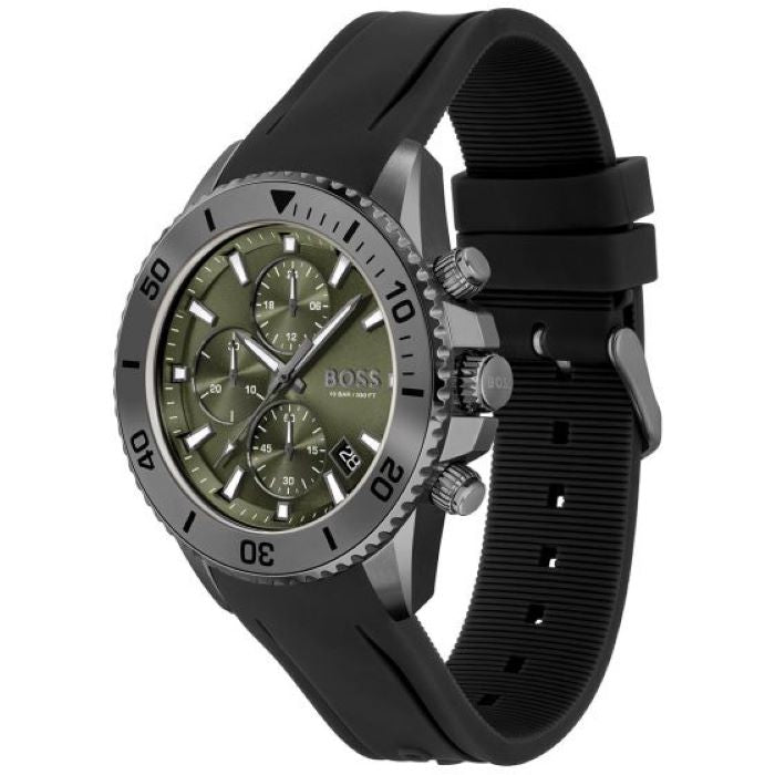 Hugo Boss Admiral Chronograph Green Dial Black Rubber Strap Watch for Men - 1513967