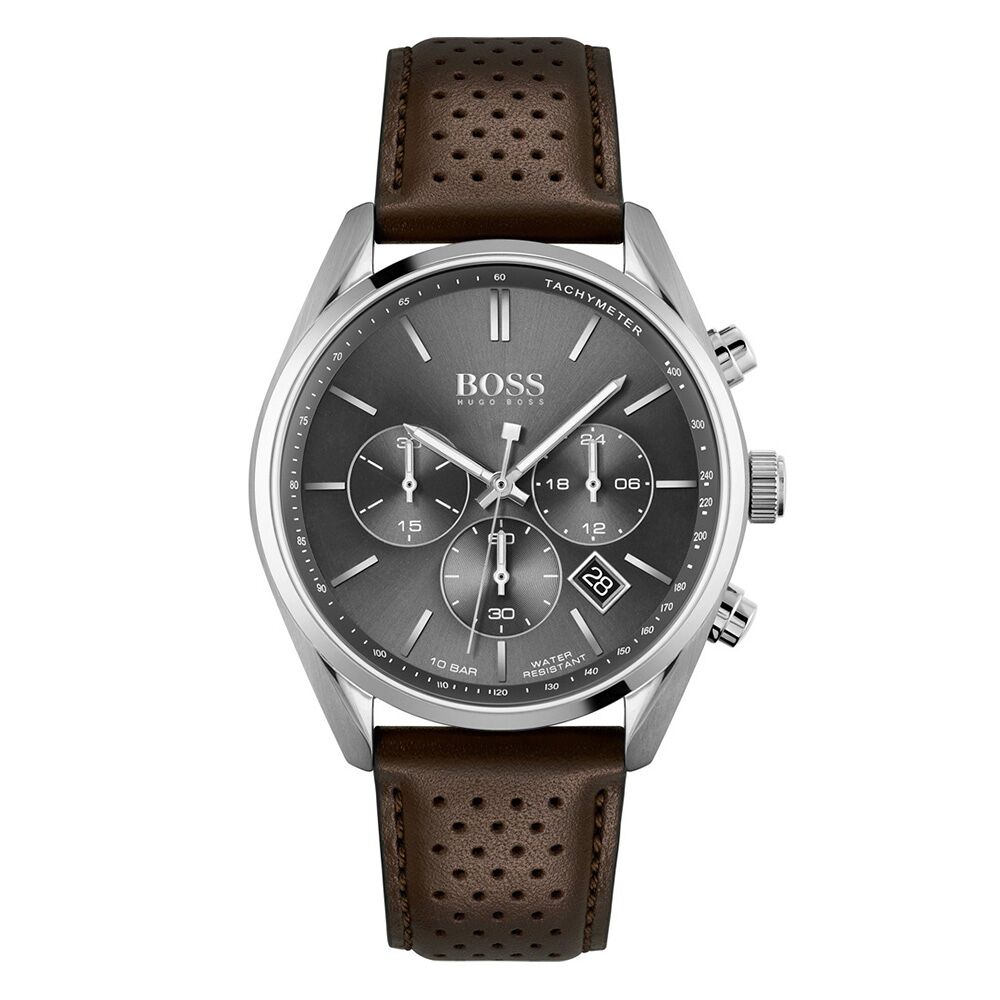 Hugo Boss Champion Chronograph Grey Dial Brown Leather Strap Watch for Men - 1513815