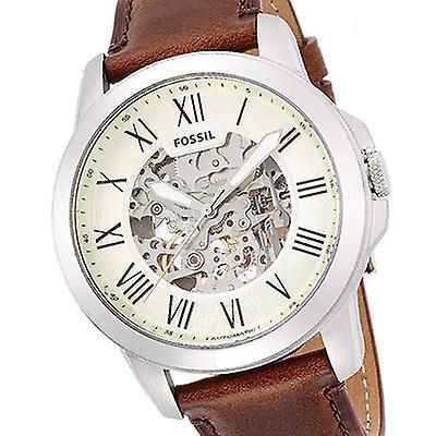 Fossil Grant Automatic Skeleton Beige Dial Brown Leather Strap Watch for Men - ME3099