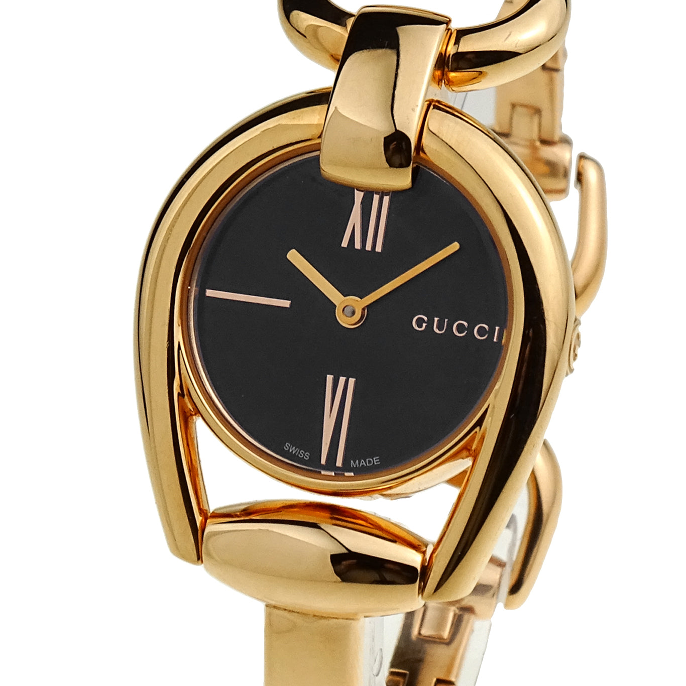 Gucci Horsebit Black Dial Rose Gold Steel Strap Watch For Women - YA139507