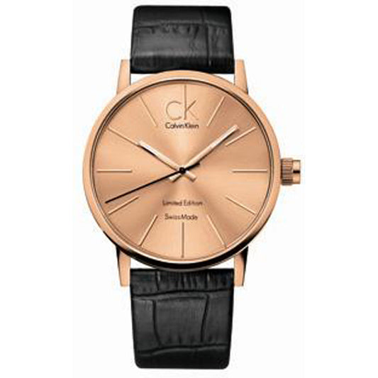 Calvin Klein Post Minimal Rose Gold Dial Black Leather Strap Watch for Men - K7621201