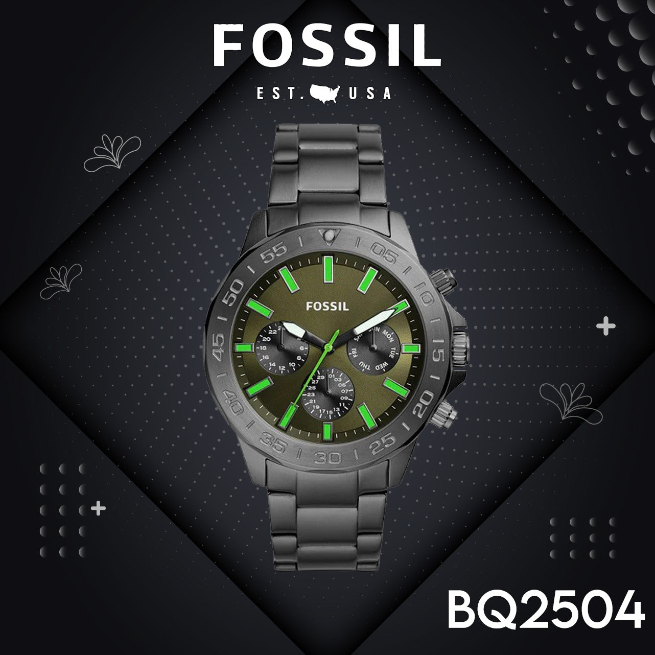 Fossil Bannon Multifunction Chronograph Green Dial Grey Steel Strap Watch for Men - BQ2504