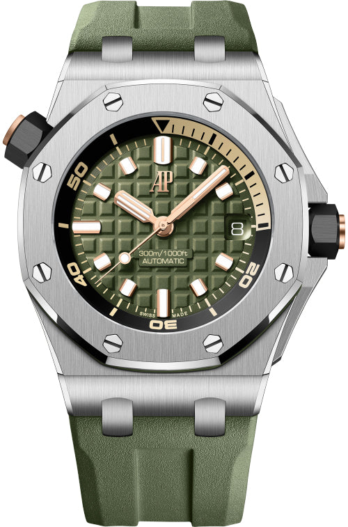 Audemars Piguet Royal Oak Offshore Diver Green Dial Green Rubber Strap Watch for Men - 15720ST.OO.A052CA.01