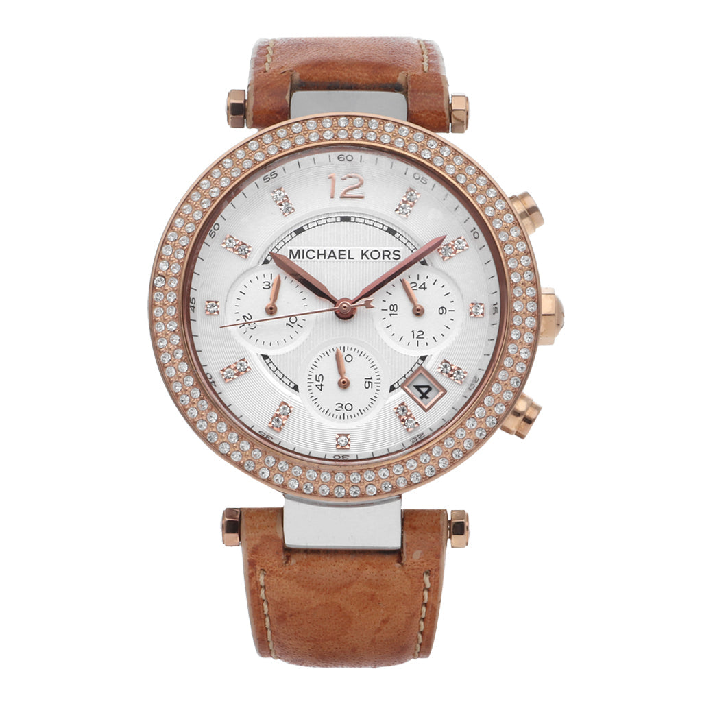 Michael Kors Parker Chronograph White Dial Tan Leather Strap Watch for Women - MK5633