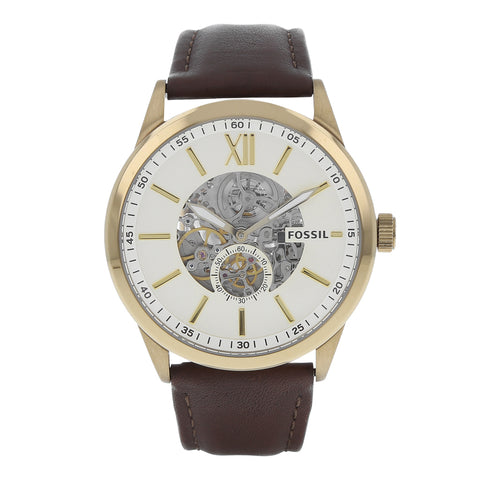 Fossil Flynn Mechanical Skeleton Beige Dial Brown Leather Strap Watch for Men - BQ2215