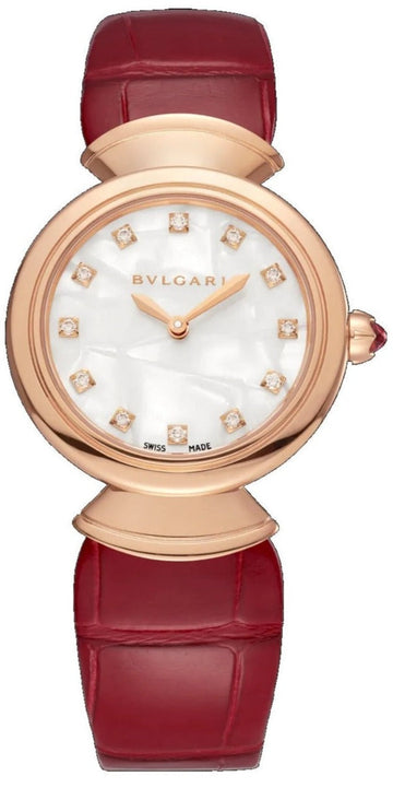 Bvlgari Divas Dream Diamonds Mother of Pearl Dial Red Leather Strap Watch for Women - DREAM102840