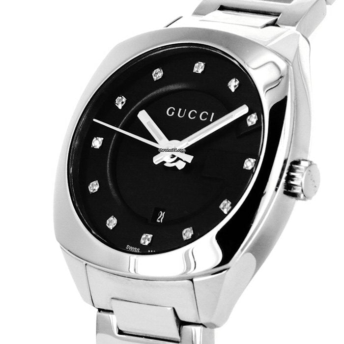 Gucci GG2570 Diamonds Black Dial Silver Steel Strap Watch For Women - YA142503