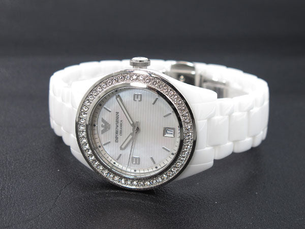 Emporio Armani Ceramica Mother of Pearl White Dial White Steel Strap Watch For Women - AR1426