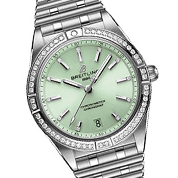 Breitling Chronomat Automatic 36 Diamonds Green Dial Two Tone Steel Strap Watch for Women - A10380591L1A1