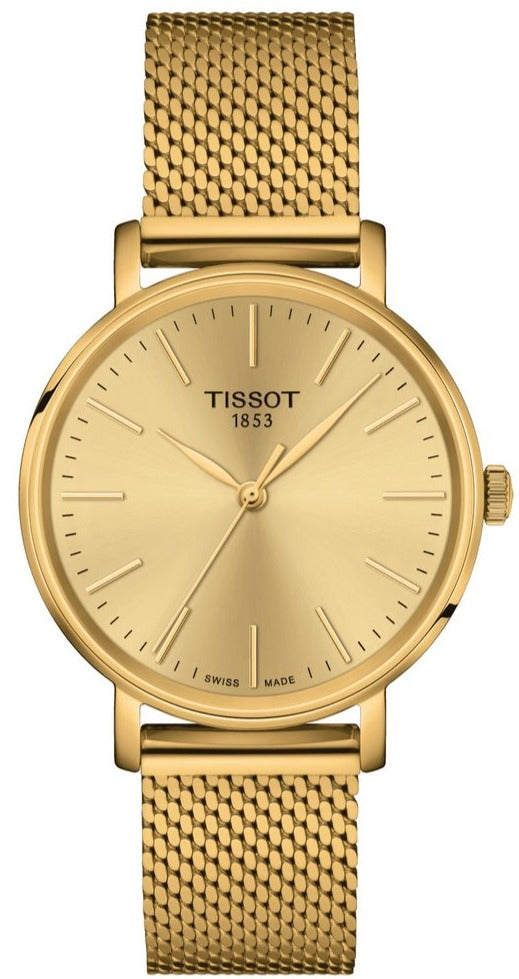 Tissot Everytime Lady Gold Dial Gold Plated Mesh Bracelet Watch for Women - T143.210.33.021.00