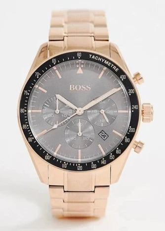 Hugo Boss Trophy Chronograph Grey Dial Rose Gold Steel Strap Watch for Men - 1513632