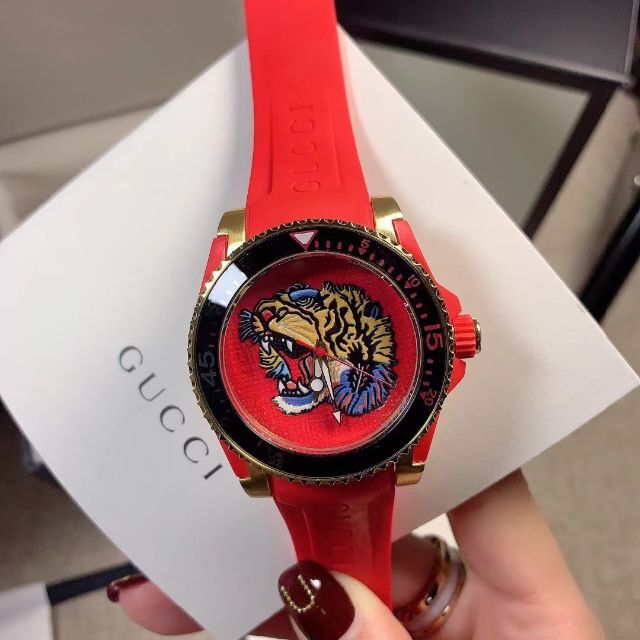 Gucci Dive Red Dial Red Emroidered Tiger Rubber Watch For Men - YA136315