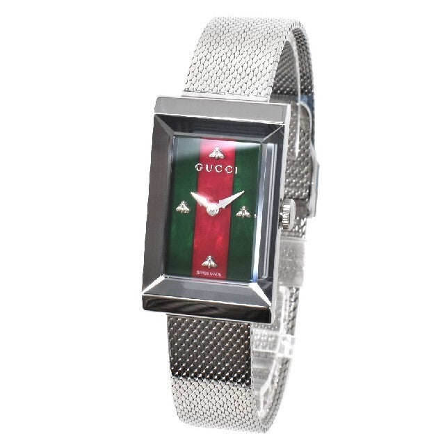 Gucci G Frame Red and Green Dial Silver Mesh Bracelet Watch For Women - YA147401