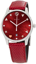 Gucci G-Timeless Quartz Mother of Pearl Red Dial Red Leather Strap Watch For Women - YA1264041