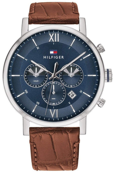 Tommy Hilfiger Evan Chronograph Blue Dial Brown Leather Strap Watch for Men - 1710393