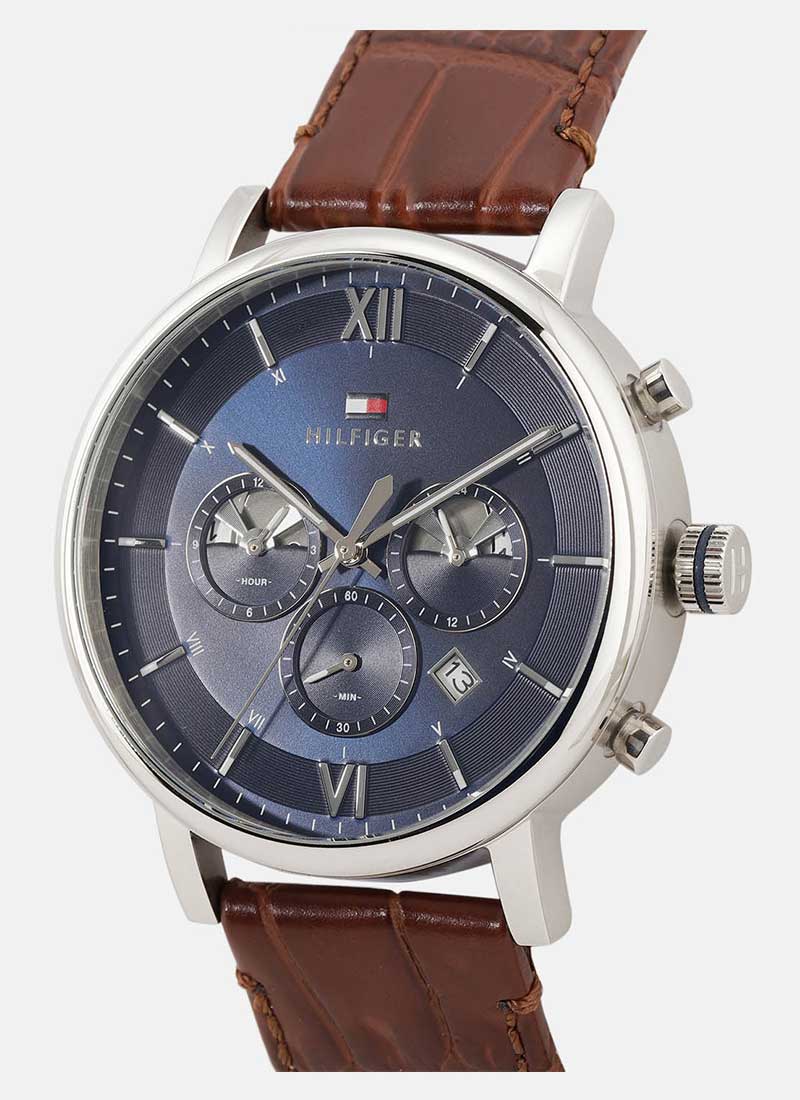 Tommy Hilfiger Evan Chronograph Blue Dial Brown Leather Strap Watch for Men - 1710393