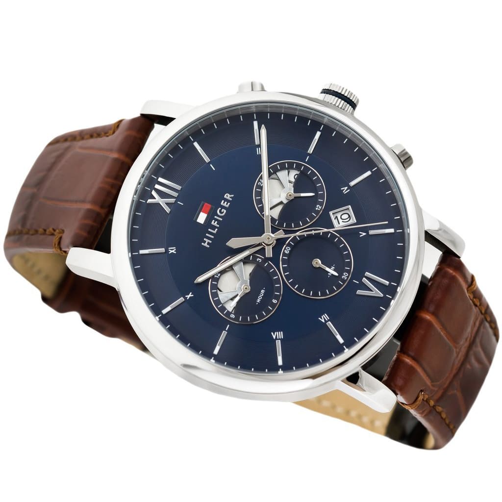 Tommy Hilfiger Evan Chronograph Blue Dial Brown Leather Strap Watch for Men - 1710393