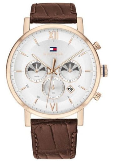 Tommy Hilfiger Evan White Dial Brown Leather Strap Watch for Men - 1710394