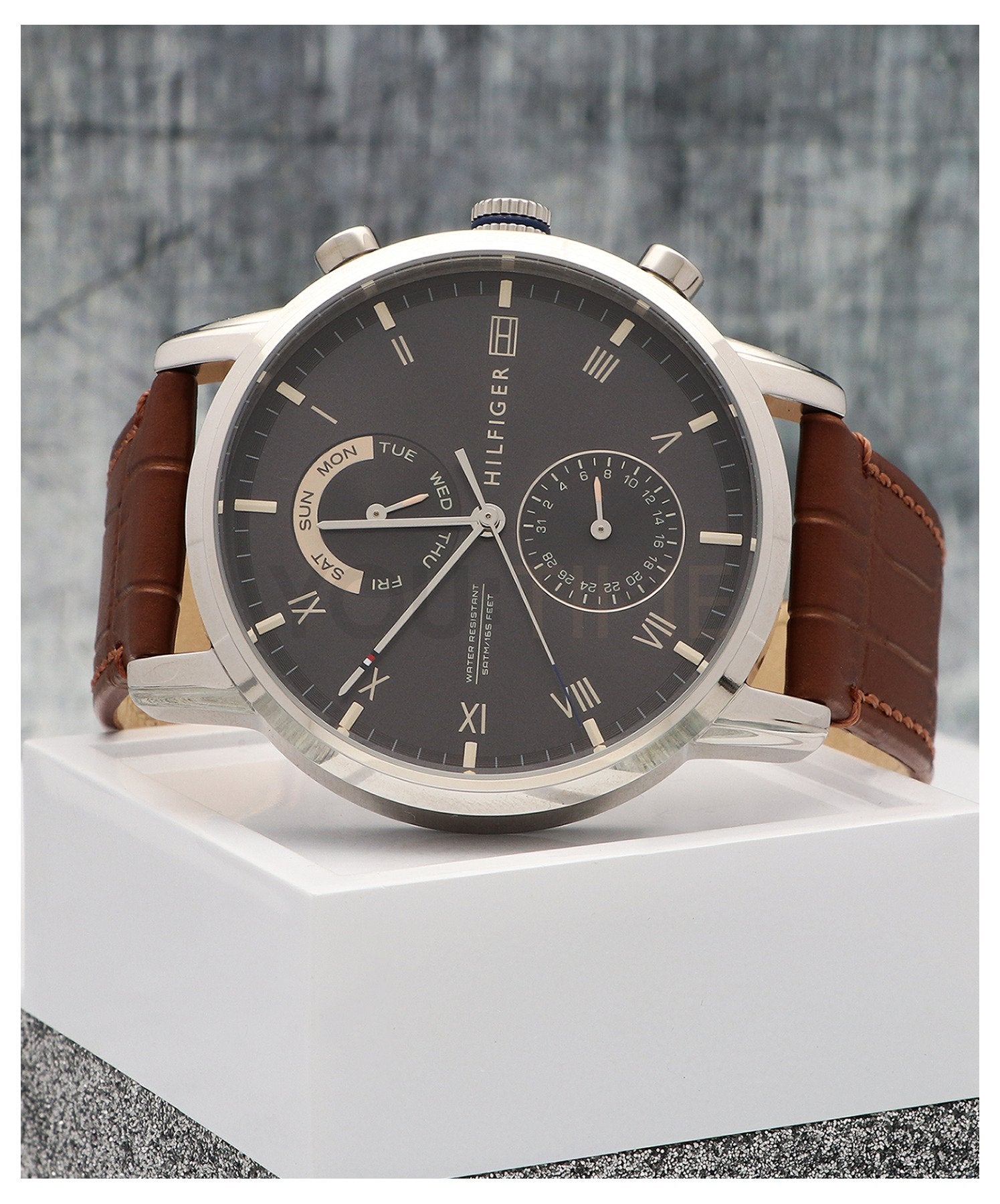 Tommy Hilfiger Kane Grey Dial Brown Leather Strap Watch for Men - 1710398