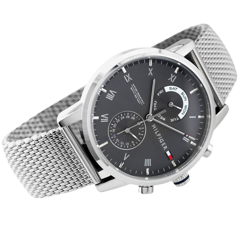 Tommy Hilfiger Kane Black Dial Silver Mesh Bracelet Watch for Men - 1710402