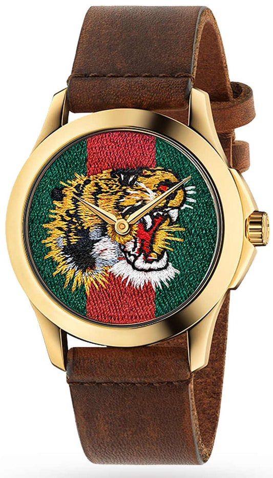 Gucci Le Marché Des Merveilles Tiger Green Red Dial Brown Leather Strap Unisex Watch - YA126497