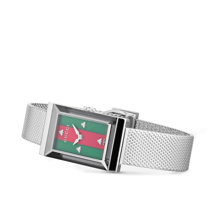 Gucci G Frame Red and Green Dial Silver Mesh Bracelet Watch For Women - YA147401