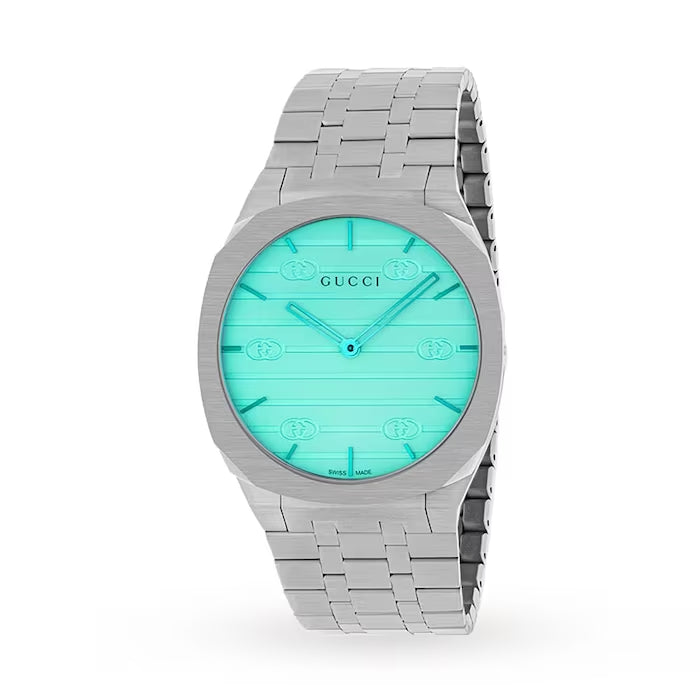 Gucci 25H Quartz Turquoise Dial Silver Steel Strap Watch For Women - YA163409