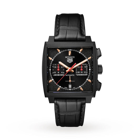 Tag Heuer Monaco Automatic Chronograph Black Dial Black Leather Strap Watch for Men - CBL2180.FC6497