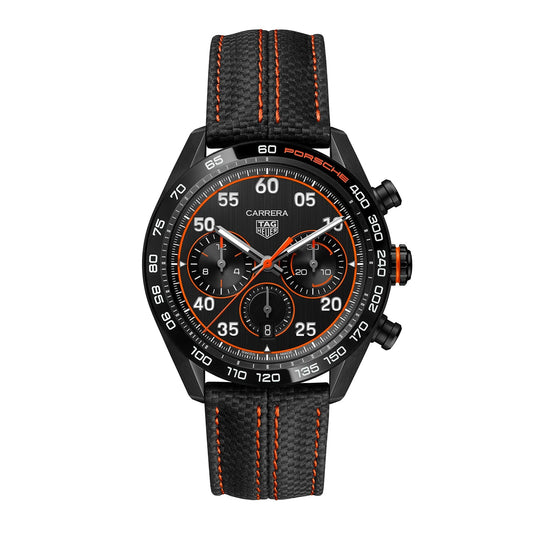 Tag Heuer Carrera Chronograph Porsche Orange Racing 44mm Black Dial Black Nylon Strap Watch for Men - CBN2A1M.FC6526