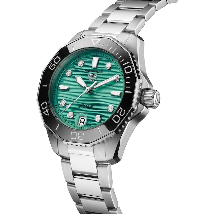 Tag Heuer Aquaracer Professional 300 Automatic Diamonds Green Dial Silver Steel Strap Watch for Women - WBP231K.BA0618