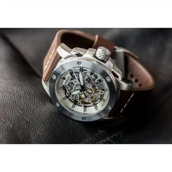 Fossil Modern Machine Automatic Skeleton White Dial Brown Leather Strap Watch for Women - ME3083