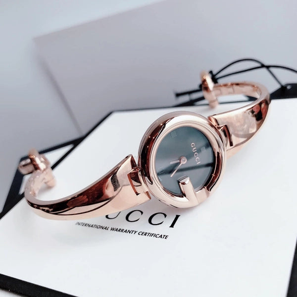 Gucci Guccissima Quartz Black Dial Rose Gold Steel Strap Watch For Women - YA134509