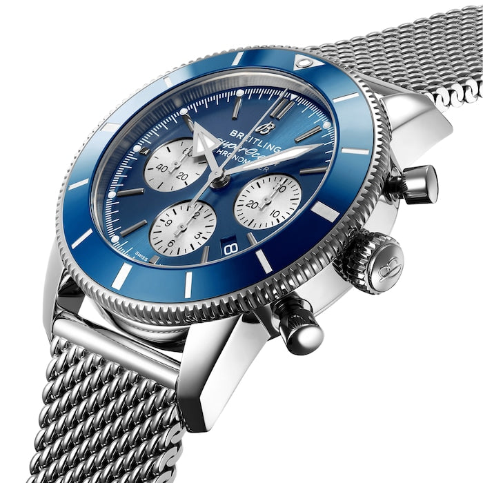 Breitling Superocean Heritage B01 Chronograph 44 Blue Dial Silver Mesh Bracelet Watch for Men - AB0162161C1A1