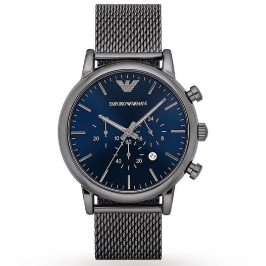 Emporio Armani Chronograph Blue Dial Gun Metallic Mesh Bracelet Watch For Men - AR1979